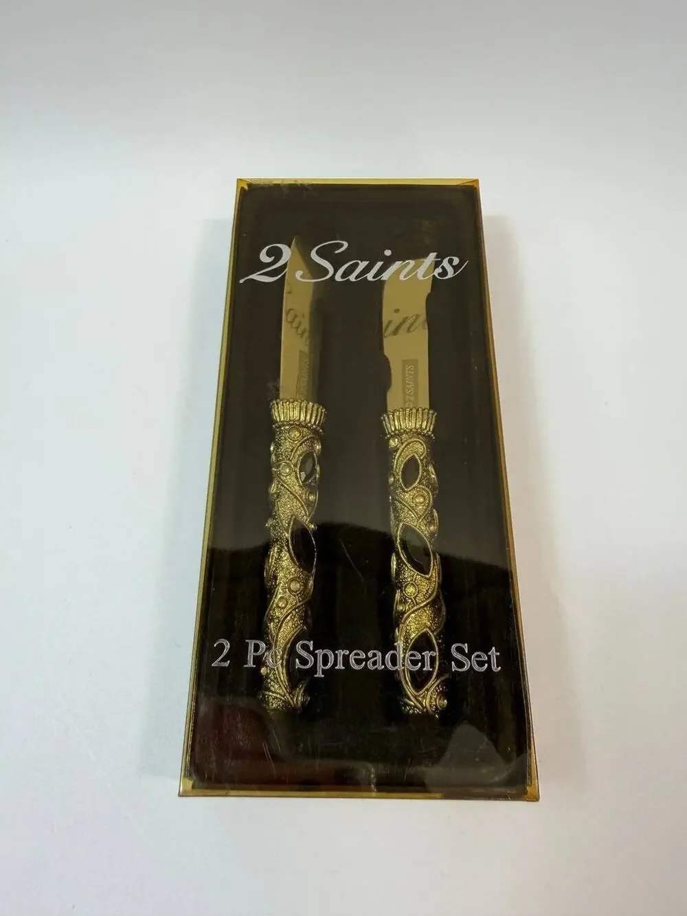 2 Saints Spreader Set 2 Pc Jeweled Handle Stainless Steel Knives In Box